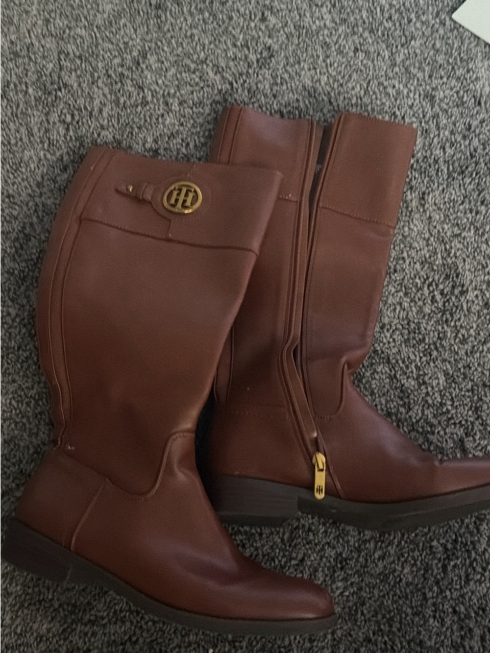 Tommy Hilfiger Chestnut Brown Leather Knee Boots with Gold Logo